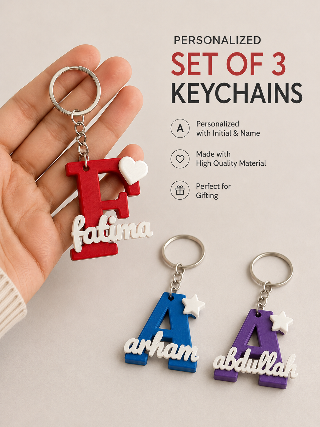 Personalized Name Initials Keychains – Pack of 3